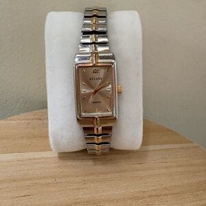 Vintage Decade Ladies Wrist Watch Silver & Gold Tones Rectangle Stretch Quartz